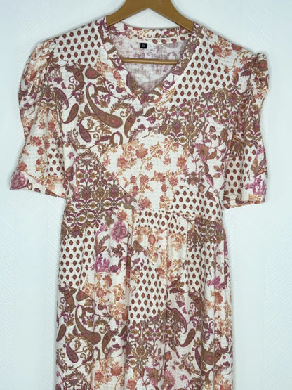 Cream with Brown Paisley Printed V-Neck Lounge Frock
