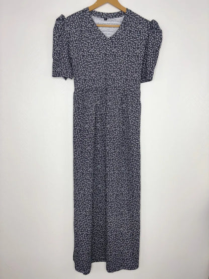 Black with White Small Floral Printed V-Neck Lounge Frock