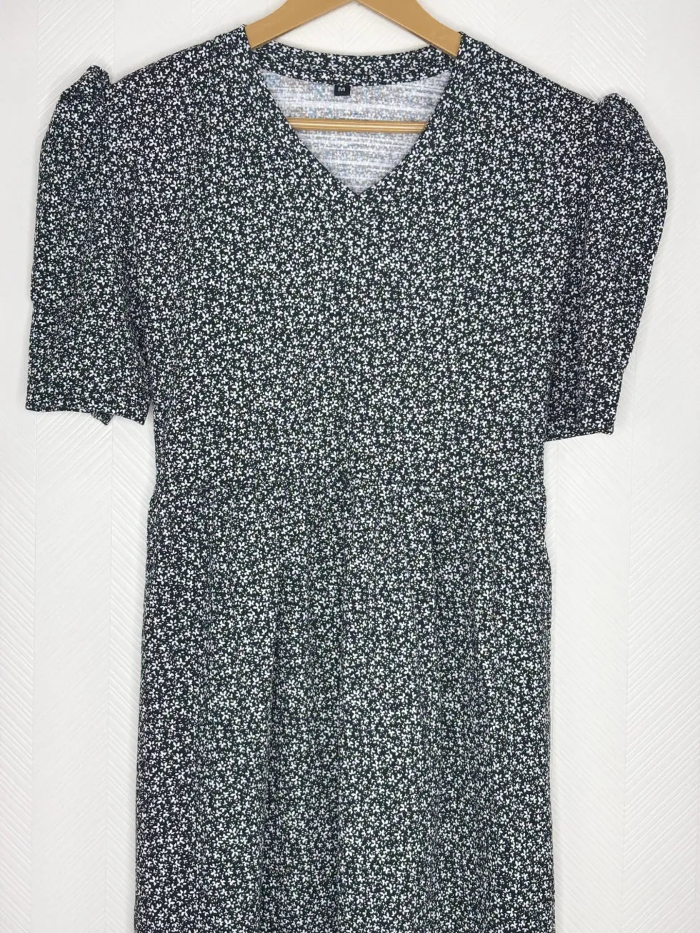 Black with White Small Floral Printed V-Neck Lounge Frock