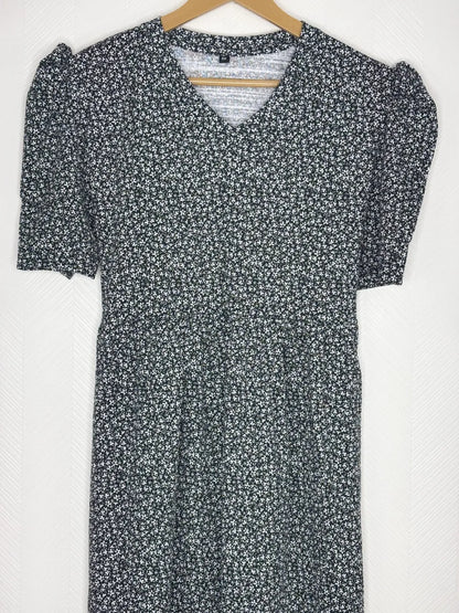 Black with White Small Floral Printed V-Neck Lounge Frock
