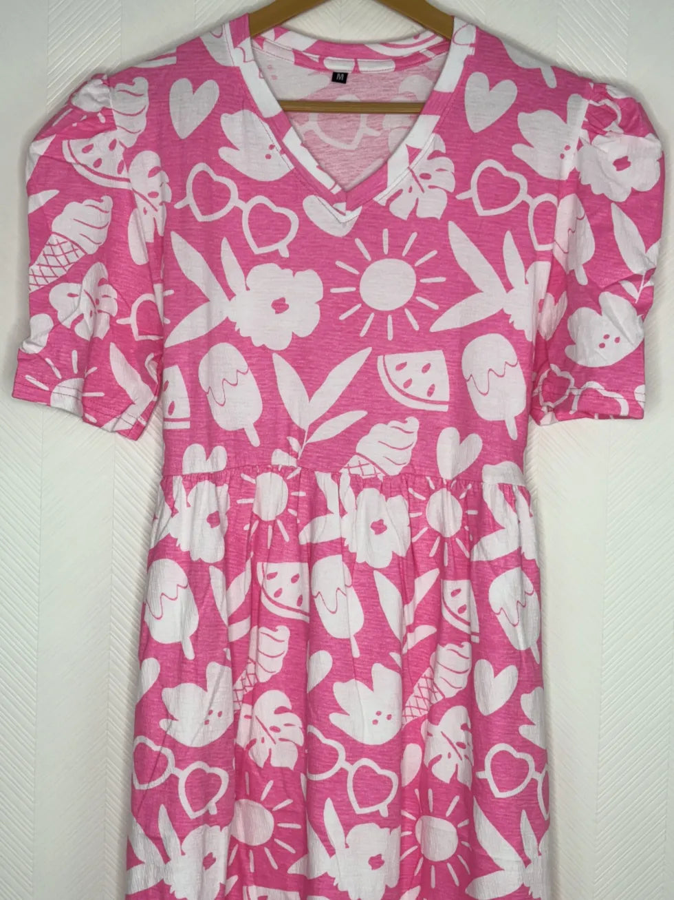 Pink with White Objects Printed V-Neck Lounge Frock