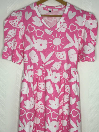 Pink with White Objects Printed V-Neck Lounge Frock