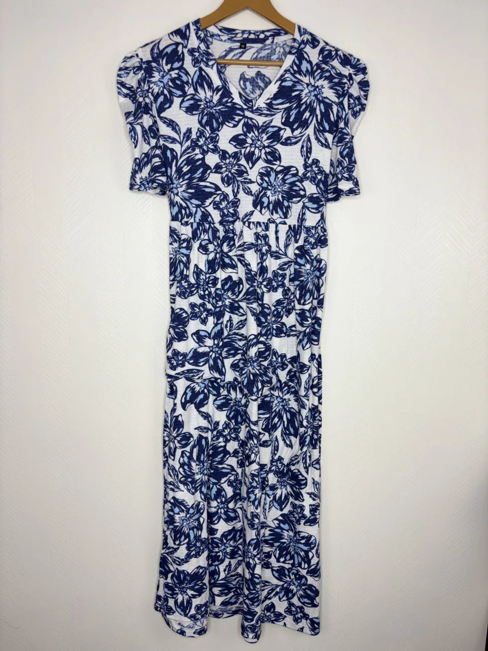 Cream with Navy Blue Floral Printed V-Neck Lounge Frock