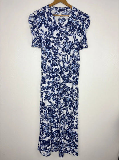 Cream with Navy Blue Floral Printed V-Neck Lounge Frock