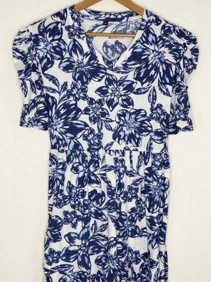 Cream with Navy Blue Floral Printed V-Neck Lounge Frock