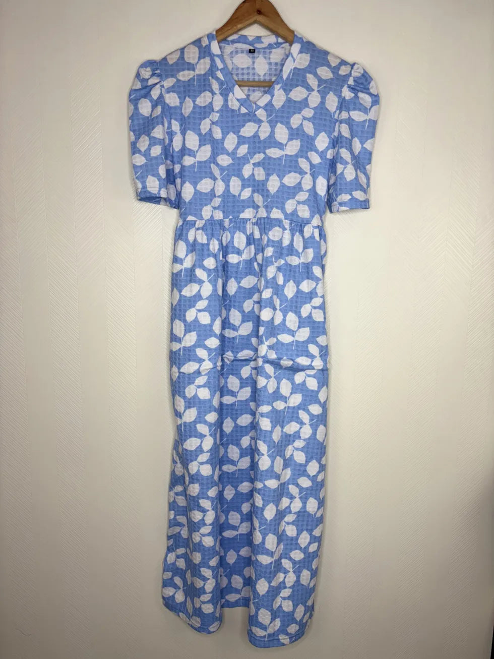 Light Blue with White Leafy Printed V-Neck Lounge Frock