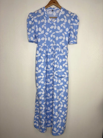 Light Blue with White Leafy Printed V-Neck Lounge Frock