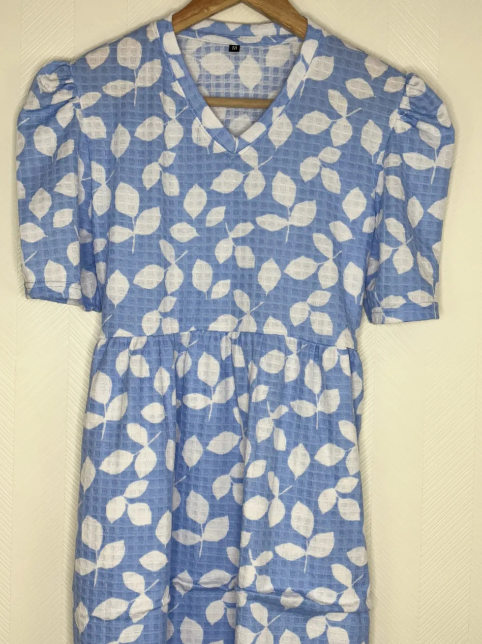 Light Blue with White Leafy Printed V-Neck Lounge Frock