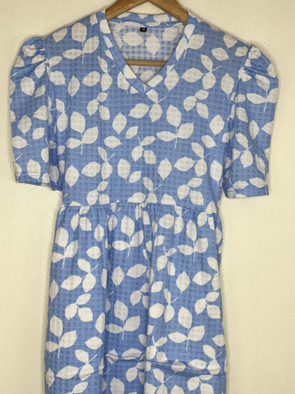 Light Blue with White Leafy Printed V-Neck Lounge Frock