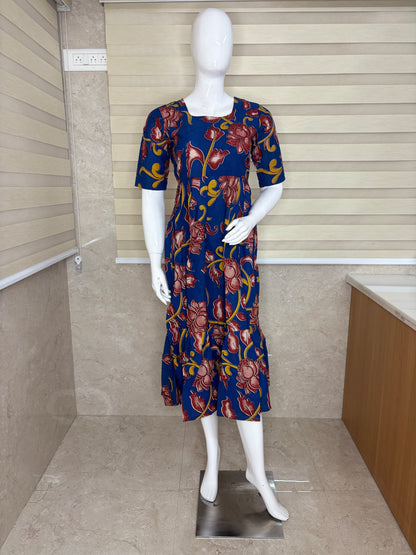 Kalamkari Navy Blue Floral Cotton Frock