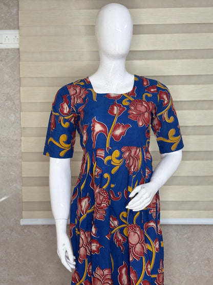 Kalamkari Navy Blue Floral Cotton Frock