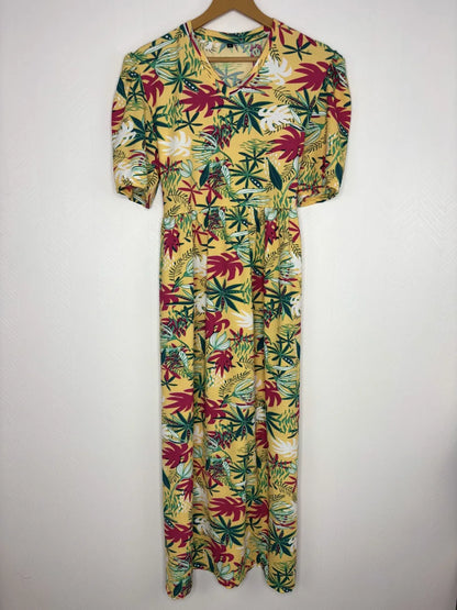 Yellow with Tropical Floral Printed V-Neck Lounge Frock