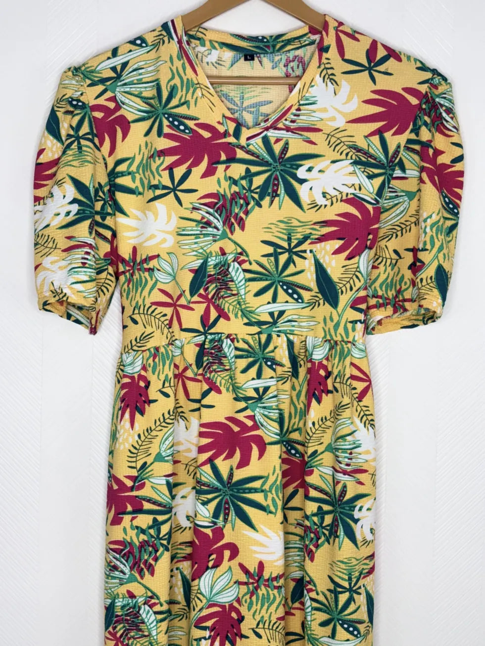 Yellow with Tropical Floral Printed V-Neck Lounge Frock