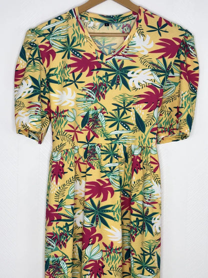Yellow with Tropical Floral Printed V-Neck Lounge Frock