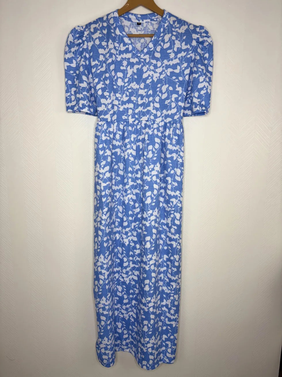 Sky Blue with White Leafy Printed V-Neck Lounge Frock