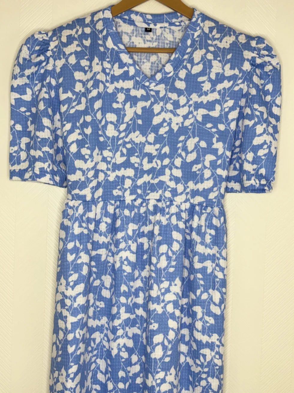 Sky Blue with White Leafy Printed V-Neck Lounge Frock