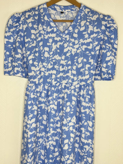 Sky Blue with White Leafy Printed V-Neck Lounge Frock