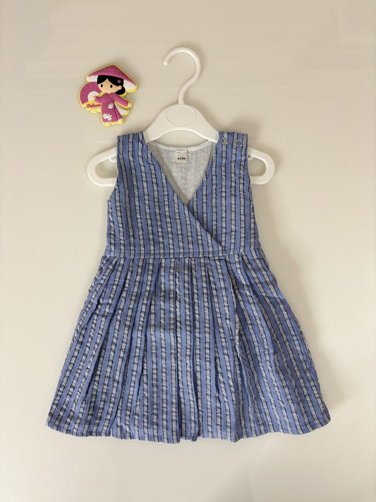 Blue and White Sleeveless Striped Girl’s Frock
