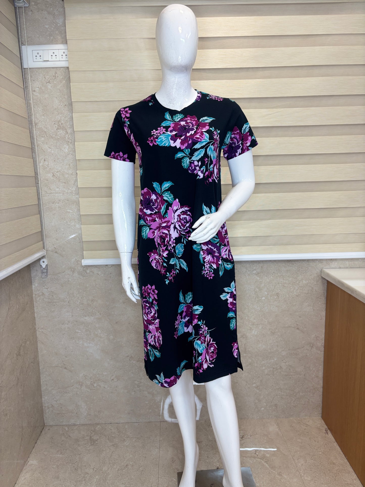 Midnight Black Vintage Rose Floral Lounge Tunic