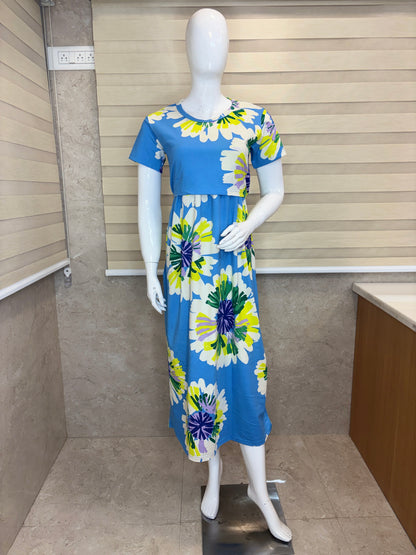 Blue Floral Print Maternity Maxi