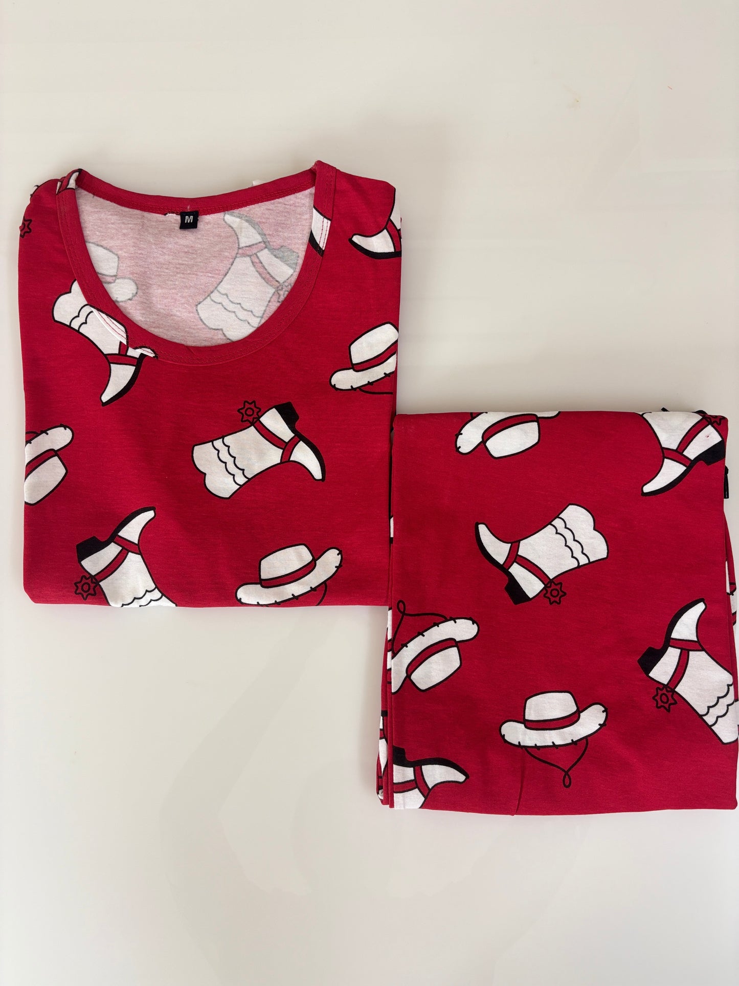Red Cowboy Hat & Boots Print T-Shirt and 3/4th Coords