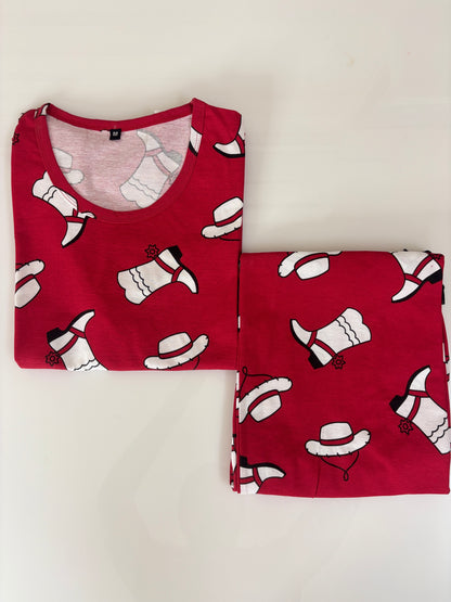 Red Cowboy Hat & Boots Print T-Shirt and 3/4th Coords