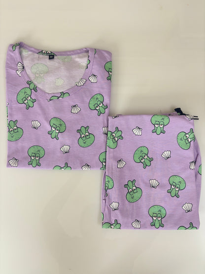 Lavender Squidward Print T-Shirt and 3/4th Coords