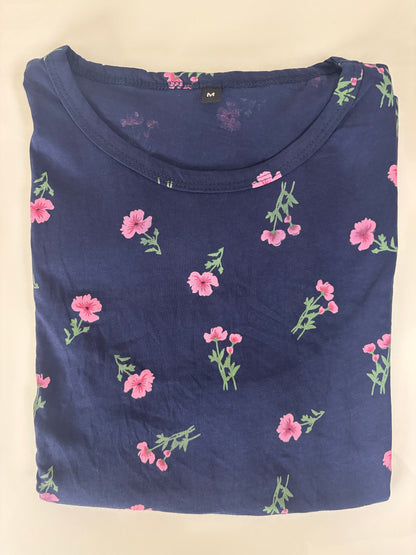 Navy Blue Pink Ditsy Floral Print Feeding Maternity T-Shirt