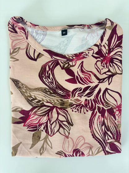Blush Pink Burgundy Botanical Floral Print Feeding Maternity T-Shirt