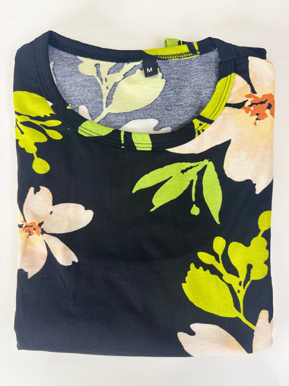 Midnight Black White Blossom Floral Print Feeding Maternity T-Shirt