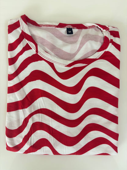 Cherry Red Wavy Stripe Print Feeding Maternity T-Shirt