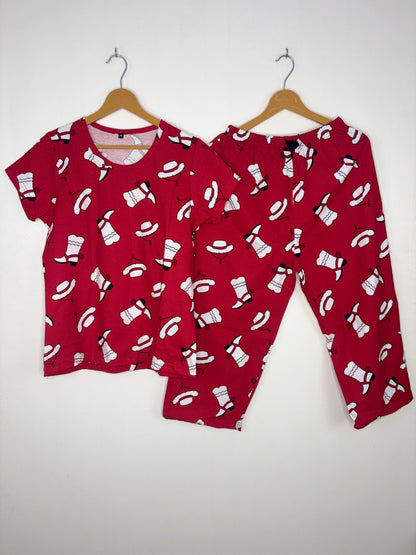 Red Cowboy Hat & Boots Print T-Shirt and 3/4th Coords