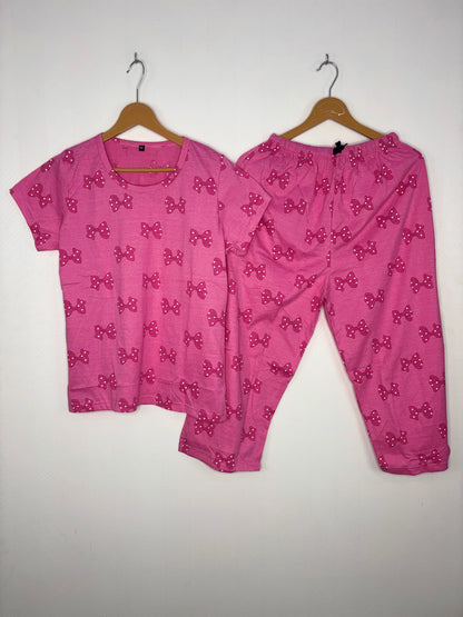 Pink Polka Dot Bow Print T-Shirt and 3/4th Coords
