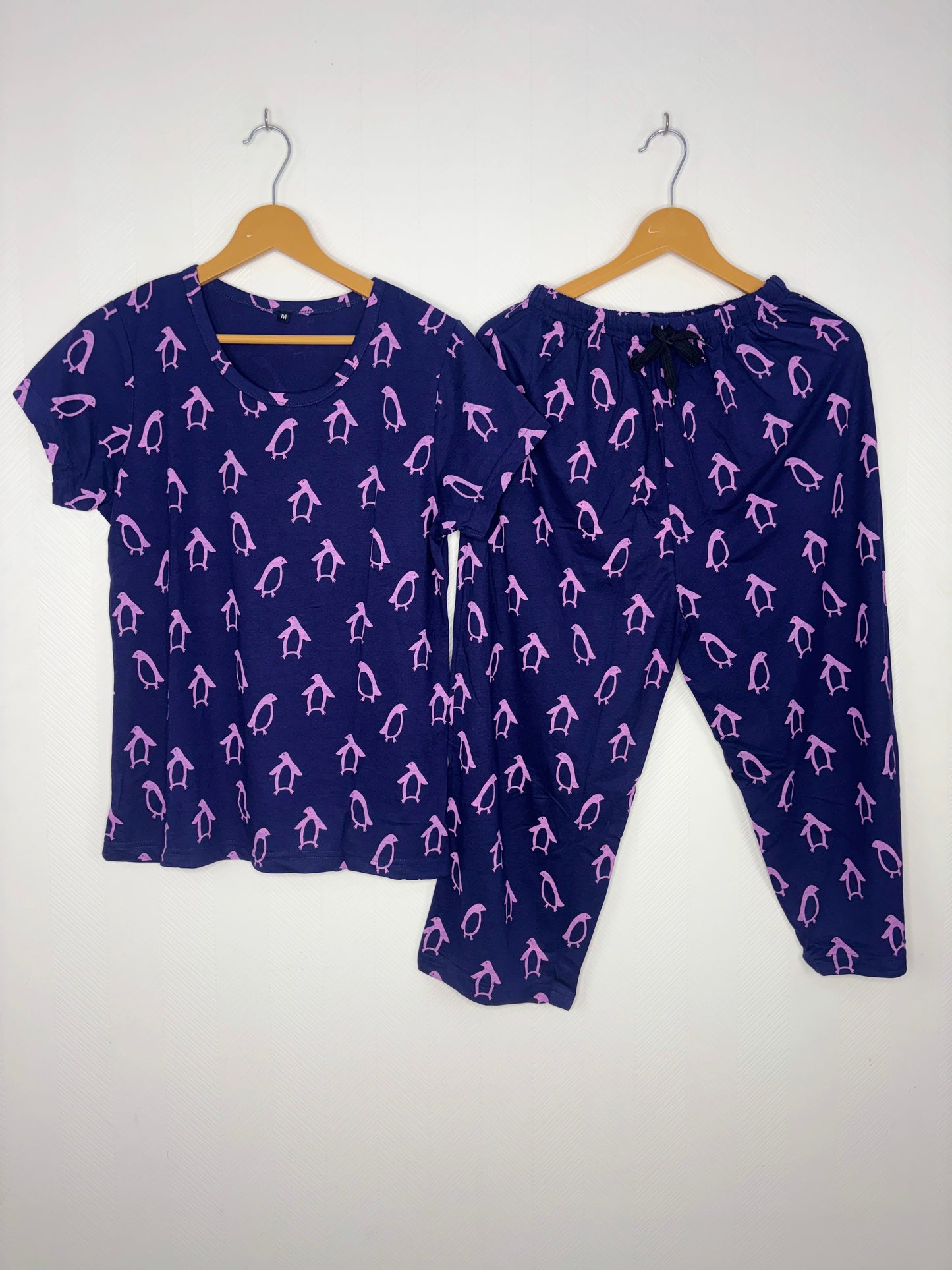 Navy Blue Penguin Print T-Shirt and 3/4th Coords