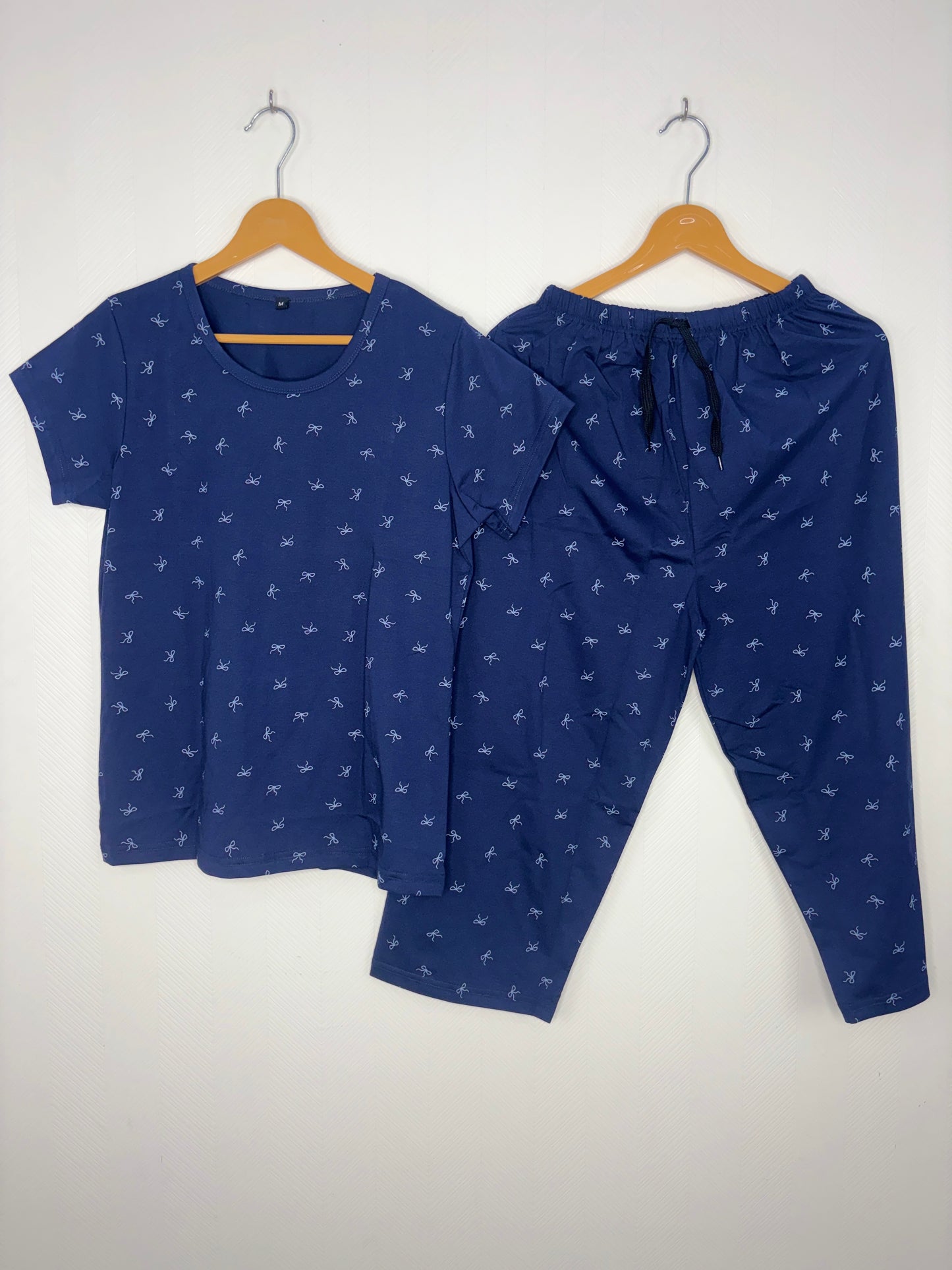 Navy Blue Bow Print T-Shirt and 3/4th Coords