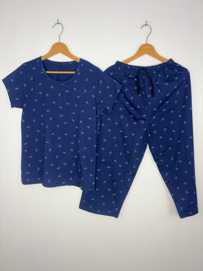 Navy Blue Bow Print T-Shirt and 3/4th Coords