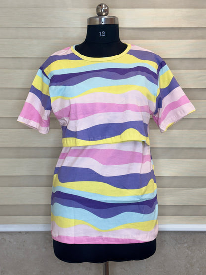 Pastel Multi Wavy Stripe Print Feeding Maternity T-Shirt