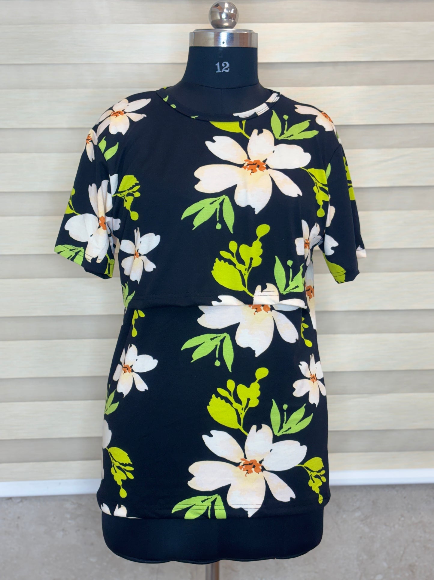Midnight Black White Blossom Floral Print Feeding Maternity T-Shirt