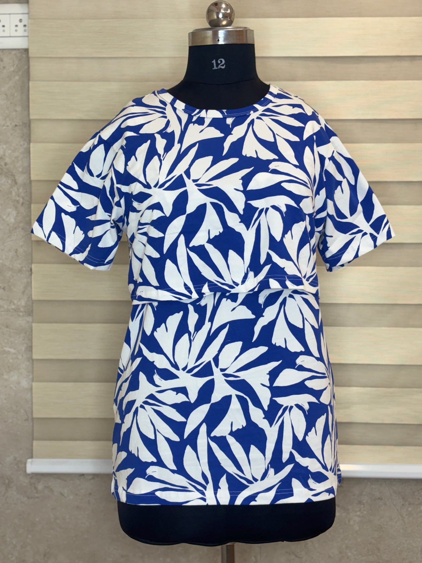 Royal Blue Tropical Leaf Print Feeding Maternity T-Shirt