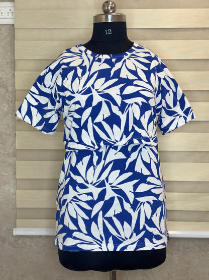 Royal Blue Tropical Leaf Print Feeding Maternity T-Shirt