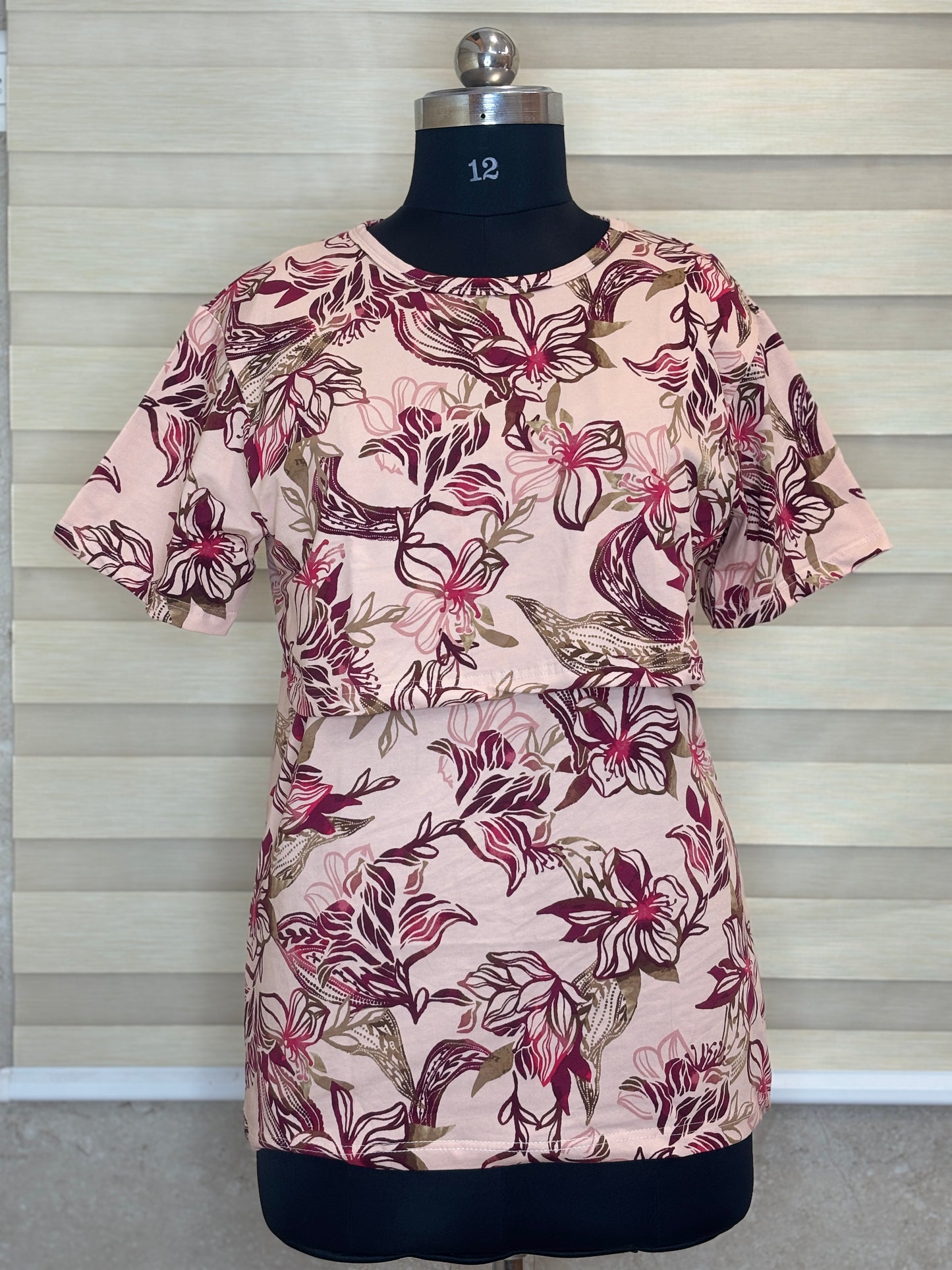 Blush Pink Burgundy Botanical Floral Print Feeding Maternity T-Shirt