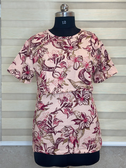 Blush Pink Burgundy Botanical Floral Print Feeding Maternity T-Shirt