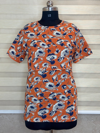 Burnt Orange Abstract Floral Brush Print Feeding Maternity T-Shirt