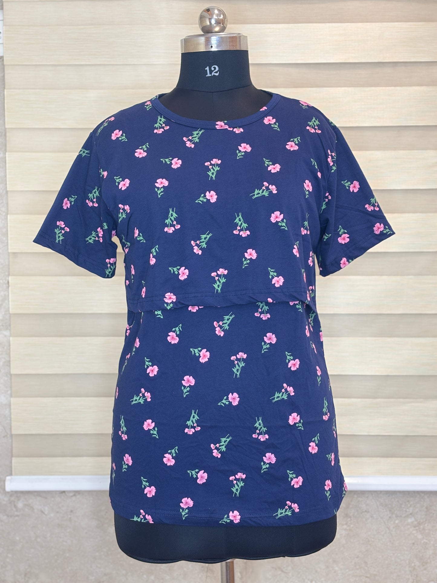 Navy Blue Pink Ditsy Floral Print Feeding Maternity T-Shirt
