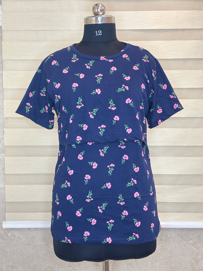 Navy Blue Pink Ditsy Floral Print Feeding Maternity T-Shirt