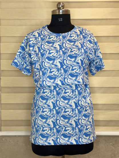 Sky Blue Ocean Wave Abstract Print Feeding Maternity T-Shirt