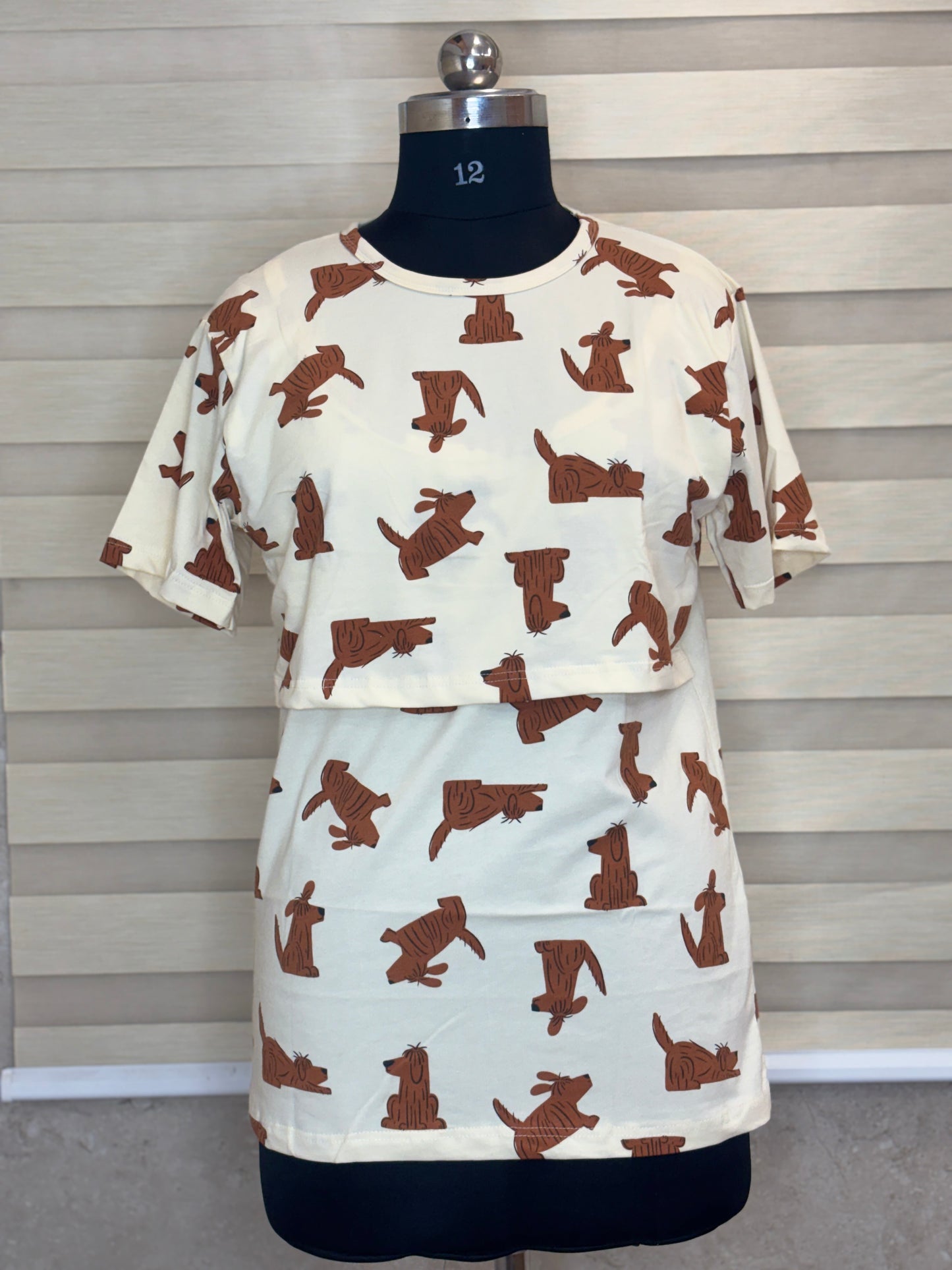 Vanilla Cream Playful Puppy Print Feeding Maternity T-Shirt