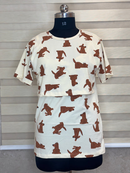 Vanilla Cream Playful Puppy Print Feeding Maternity T-Shirt