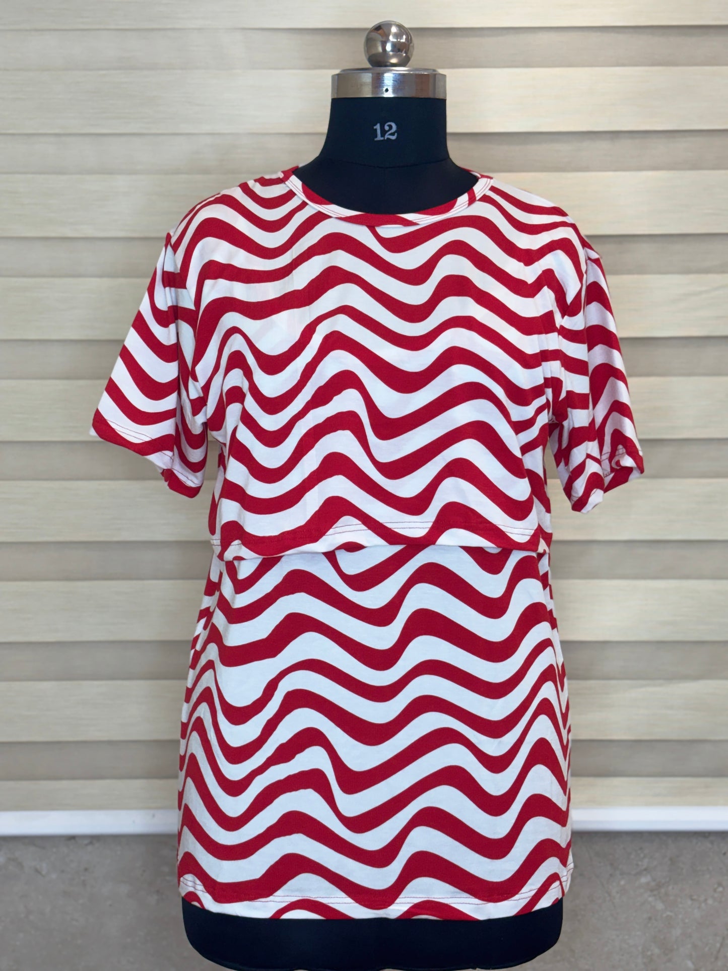 Cherry Red Wavy Stripe Print Feeding Maternity T-Shirt