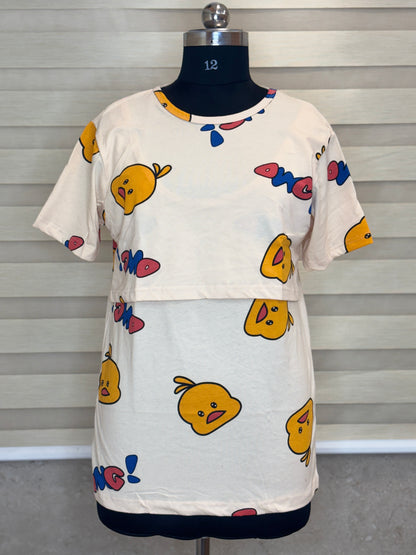 Soft Ivory Happy Chick Doodle Print Feeding Maternity T-Shirt